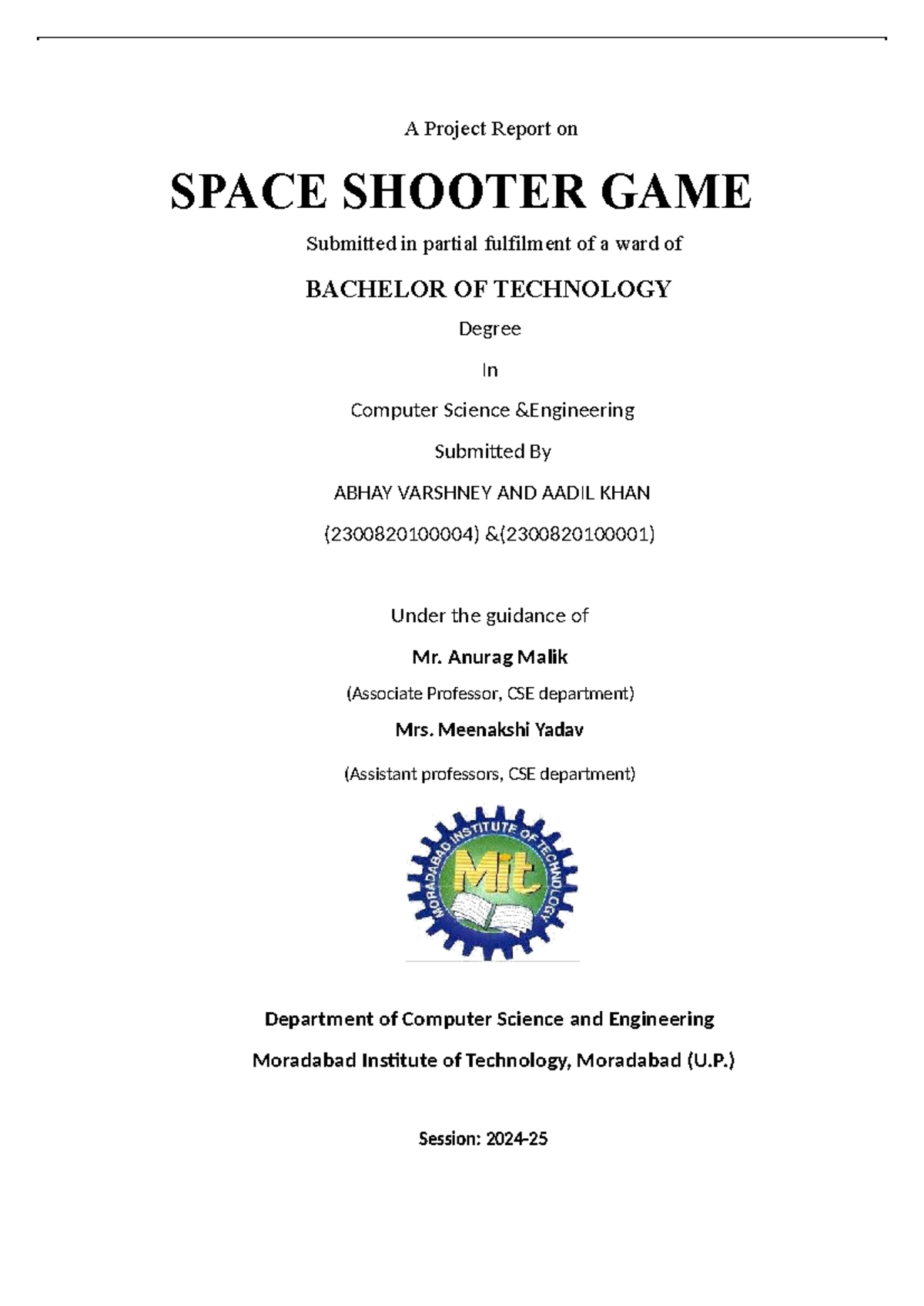 B.Tech Project Report: Space Shooter Game Development (CSE) - Studocu