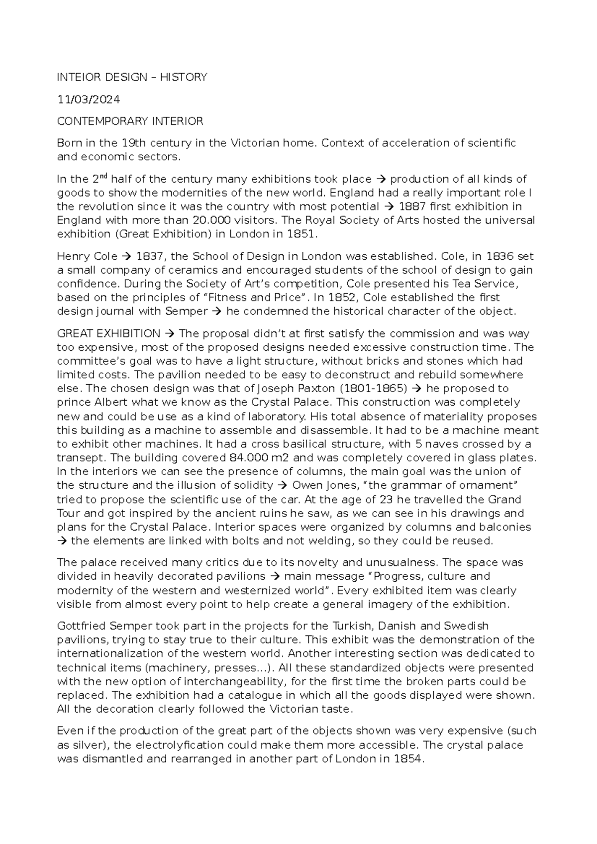 INTE 101: History of Interior Design - Lecture Notes on Victorian to ...