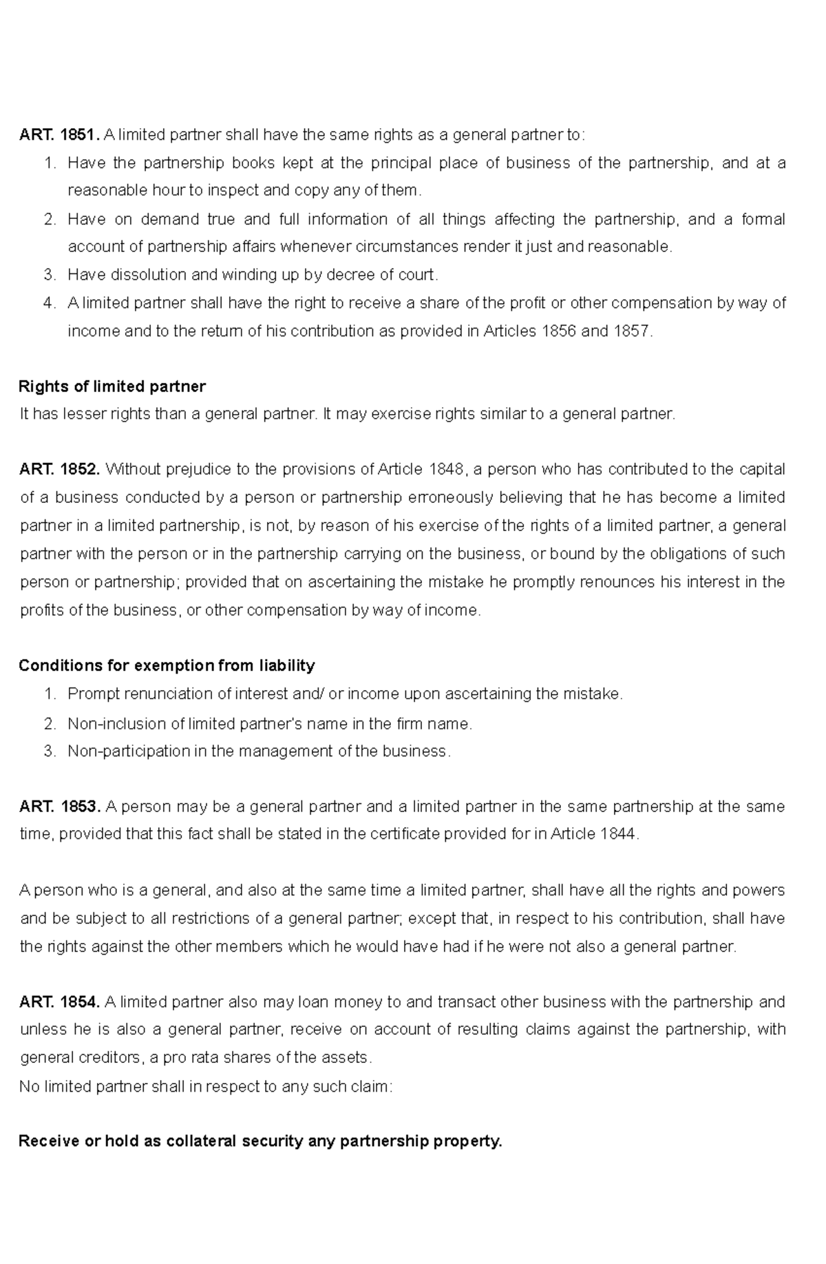 Law of Partnership: Rights and Liabilities of Limited Partners (Chapter ...