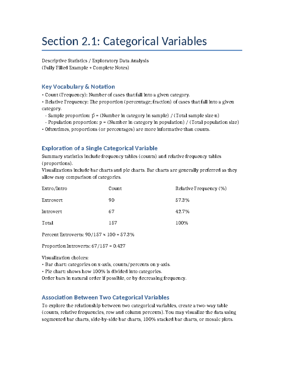 Section 2.1: Categorical Variables EDA Notes & Key Vocabulary - Studocu