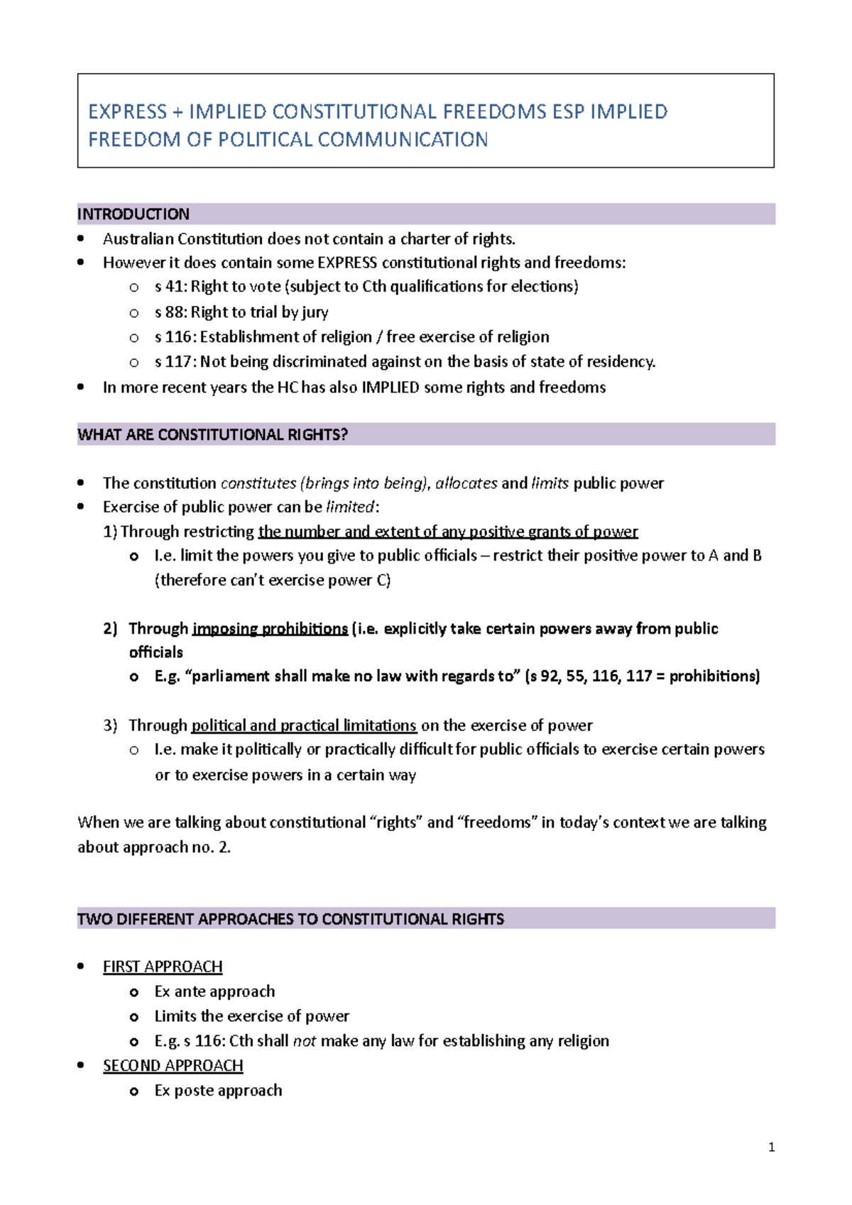 Express and Implied Constitutional Freedoms Notes (LAWS101) - Studocu
