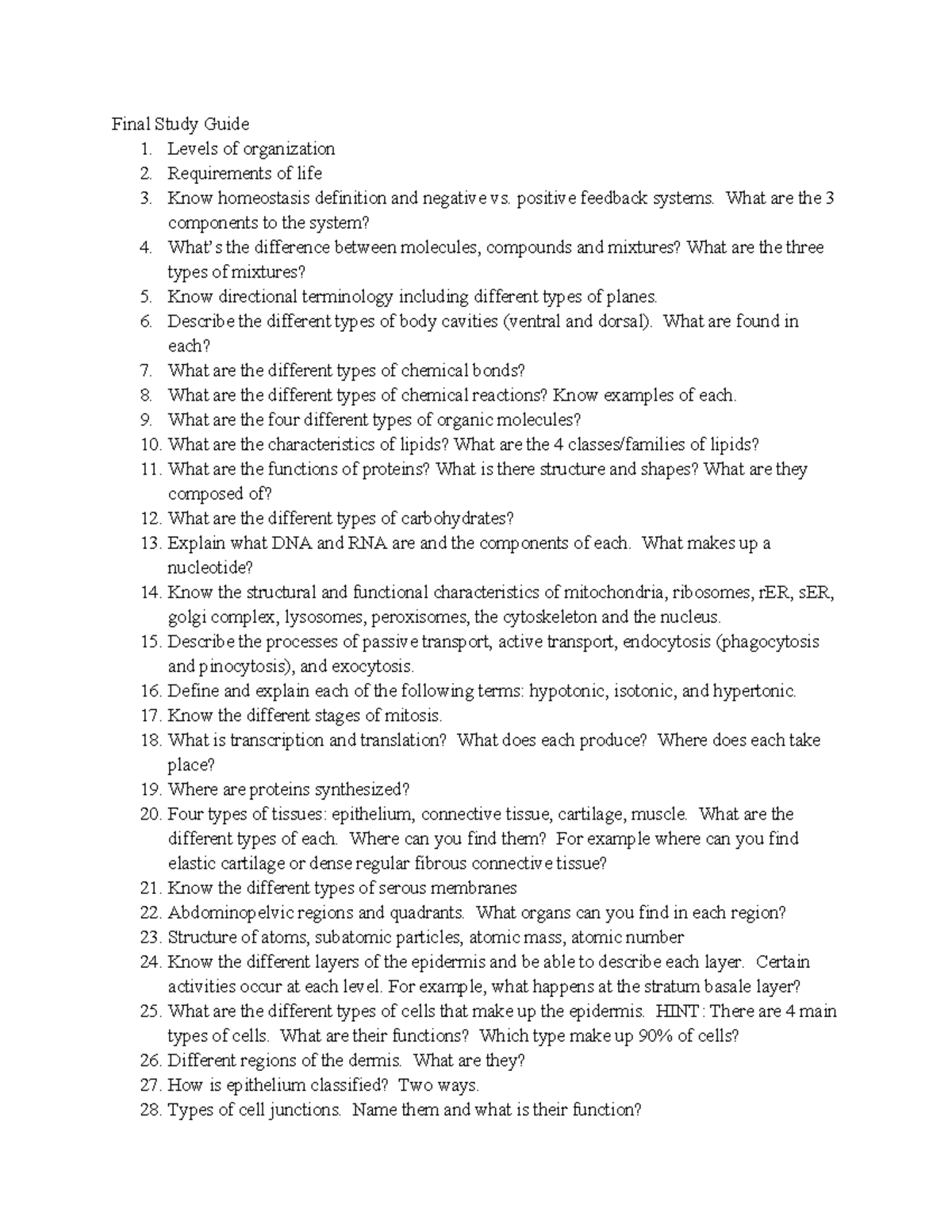 Final Exam Study Guide: Key Concepts in Biology and Anatomy - Studocu