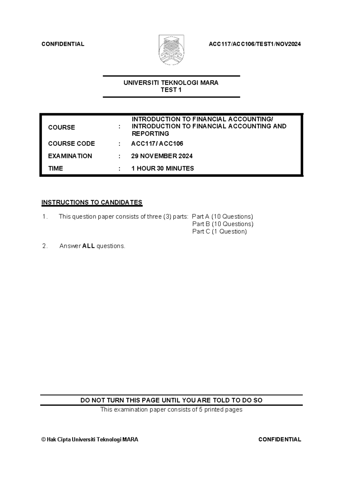 NOV2024 ACC106 Test 1: Introduction to Financial Accounting Exam Paper ...