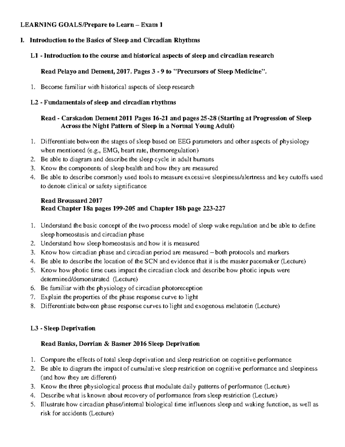 Sleep Physiology Learning Goals SP25 - Exam 1 Study Guide - Studocu