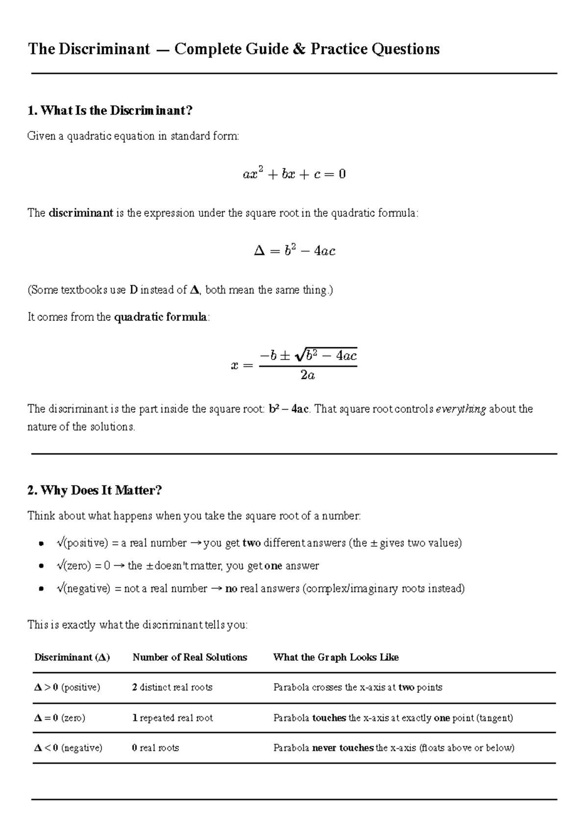 Discriminant Guide & Practice Questions for Math 101 - Studocu
