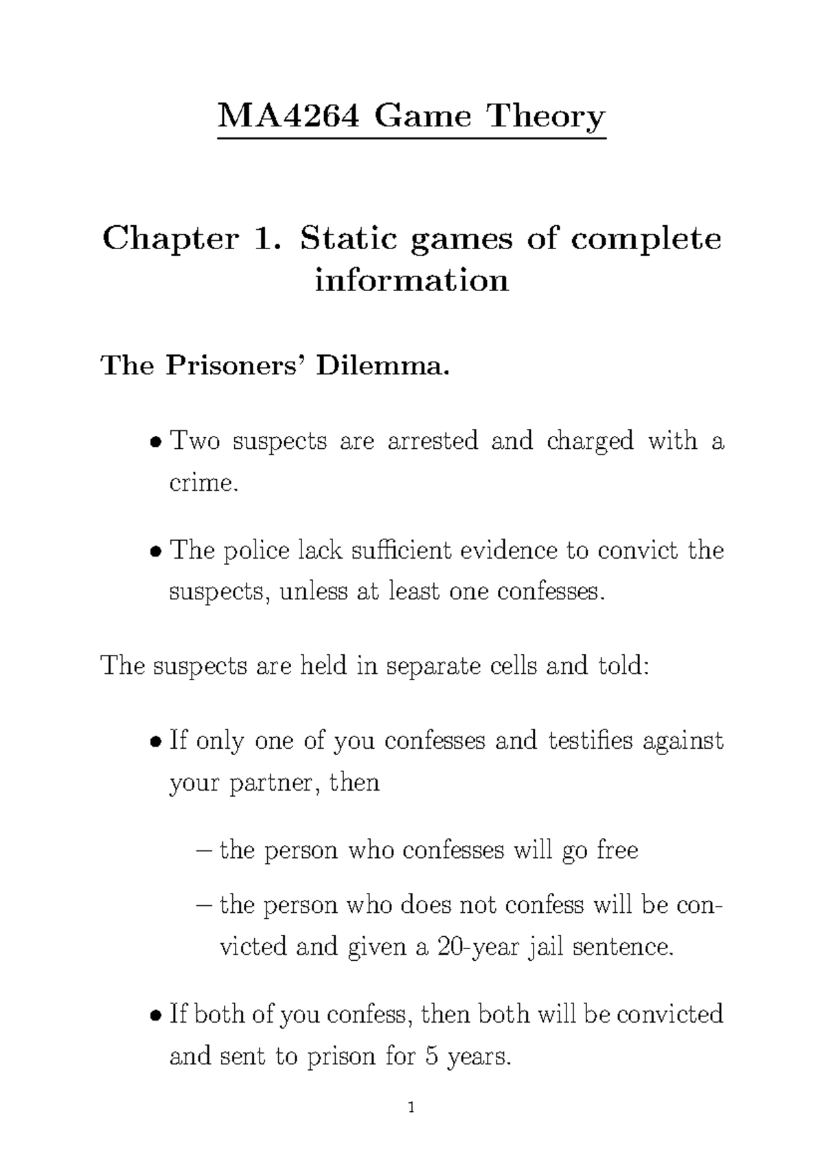 Ch1 - ma4264lecture notes - MA4264 Game Theory Chapter 1. Static games ...