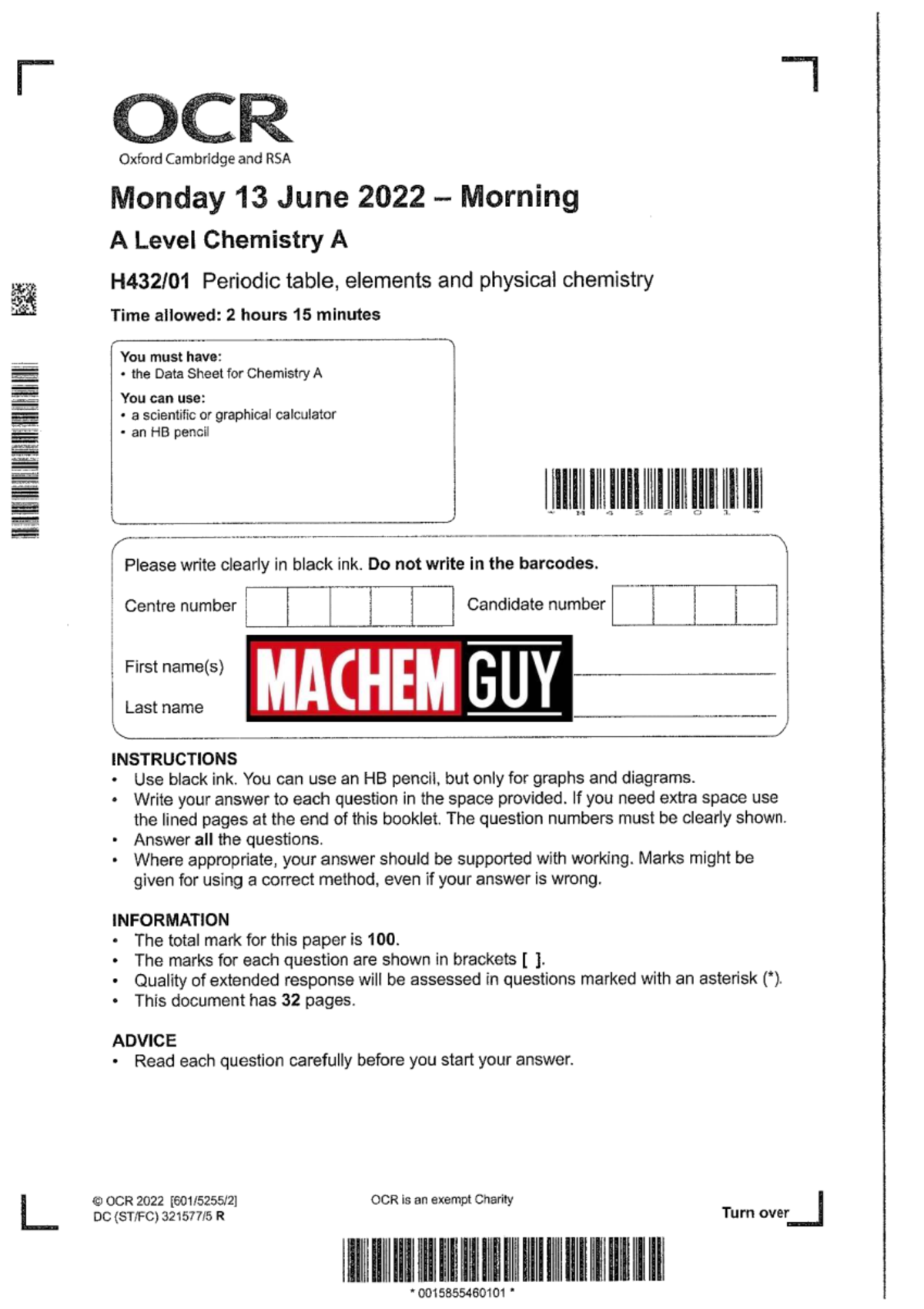 A Level Chemistry A (MACHEM) 2022 Paper 1 Exam Answers - Studocu