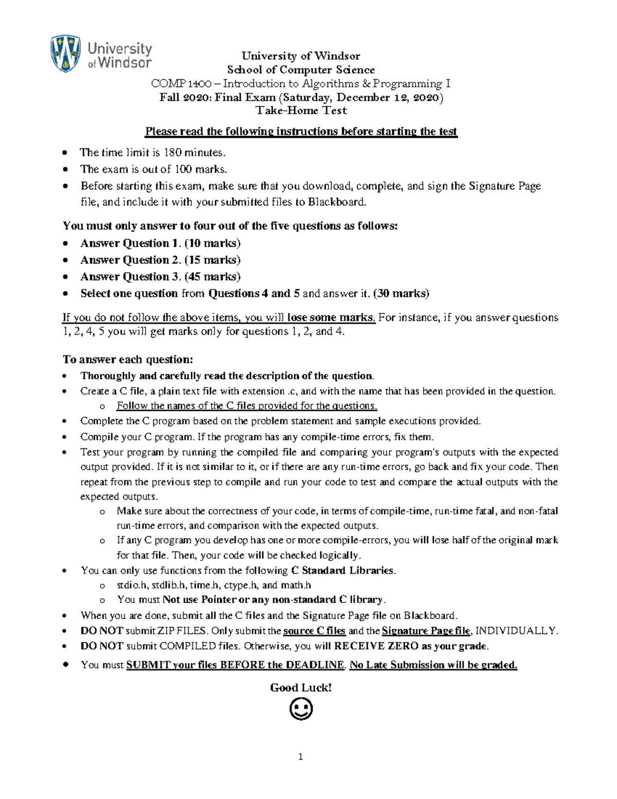 Final Exam COMP1400 F2020: Algorithms & Programming I Guide - Studocu