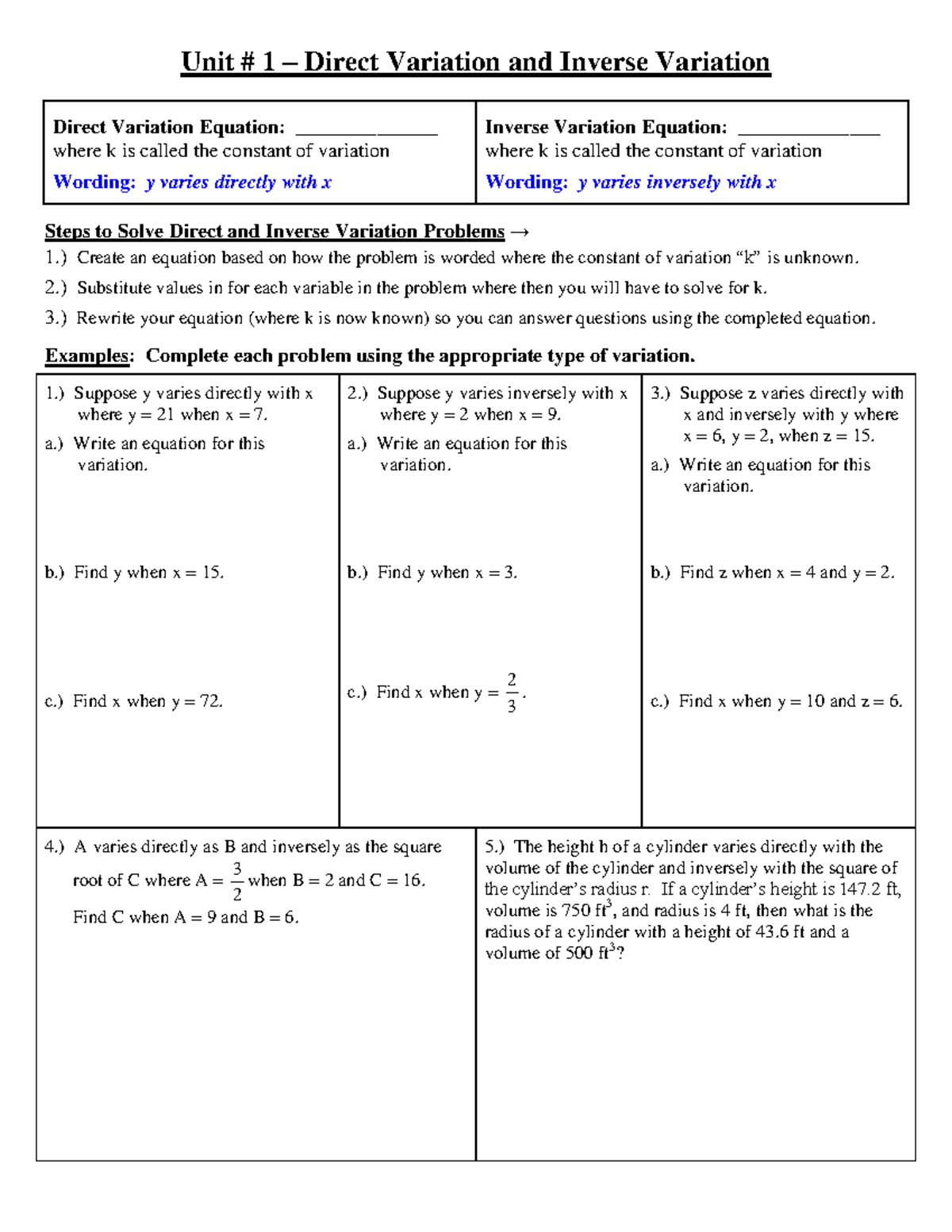 MATH 101: Direct & Inverse Variation Study Notes - Studocu