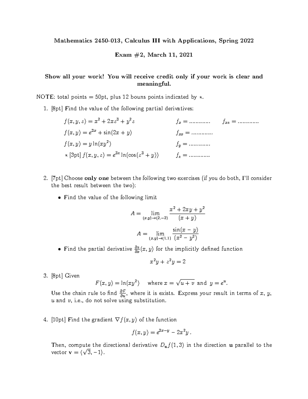 Mathematics Calculus with Applications (MATH 202) Spring 2022 Exam 2 ...