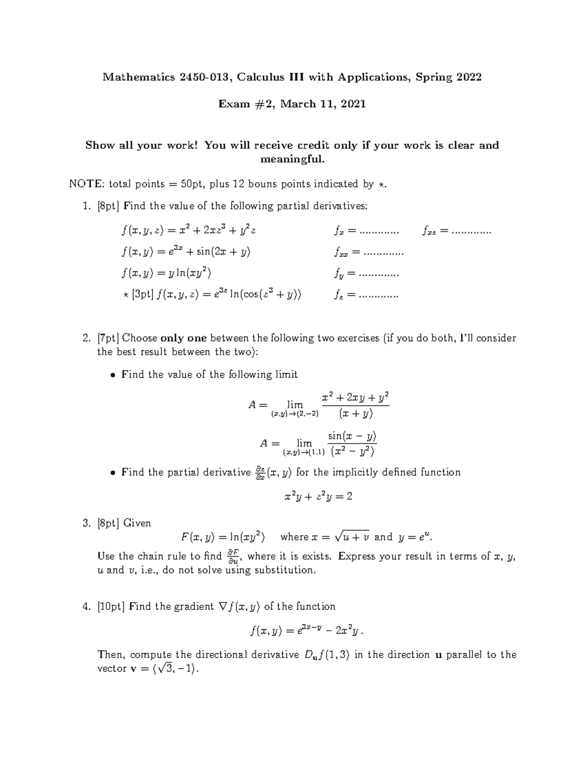 Practice Exam 2 for Calculus 3: Partial Derivatives & Applications ...