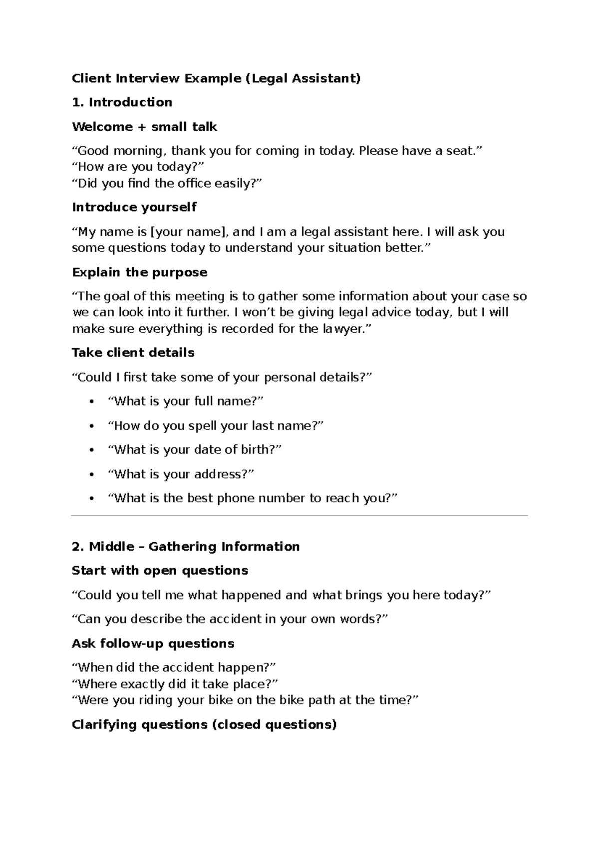 Client Interview Example (Legal Assistant) - Overview and Process - Studocu