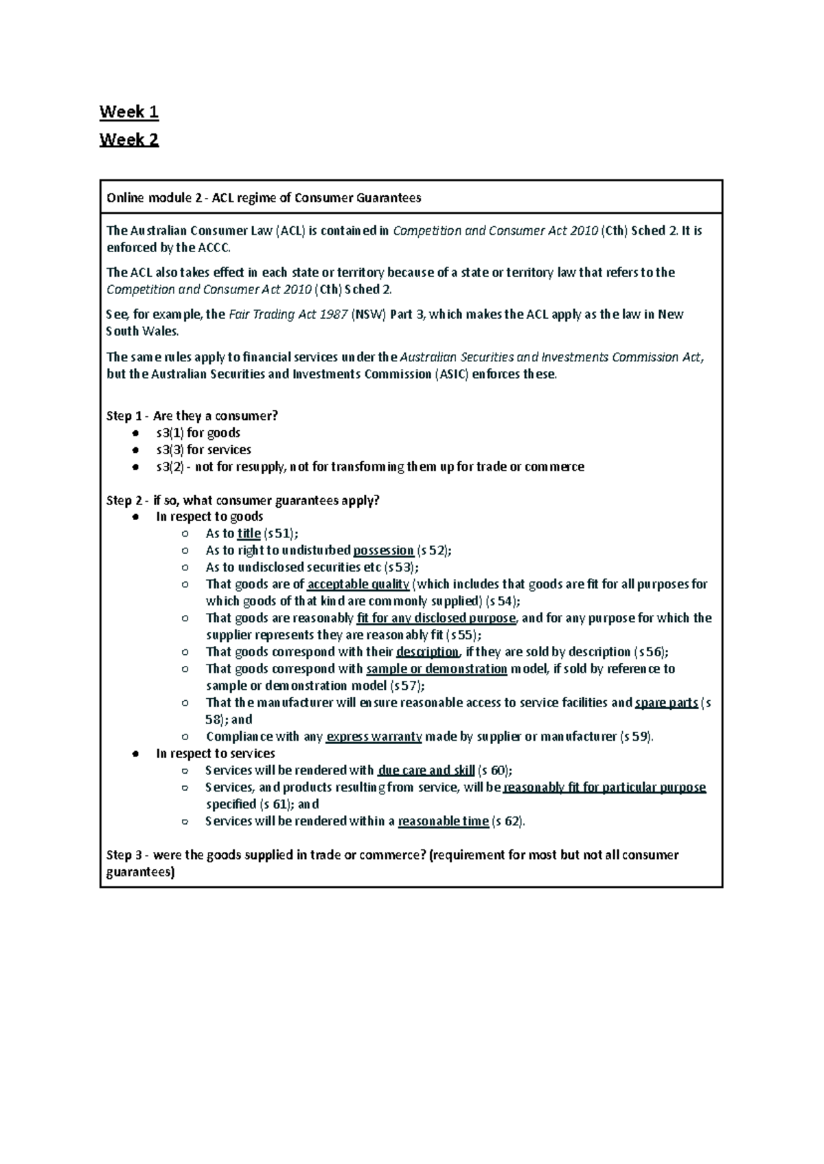 ACL Consumer Guarantees & Contract Law: Weeks 1-10 Online Module Notes ...