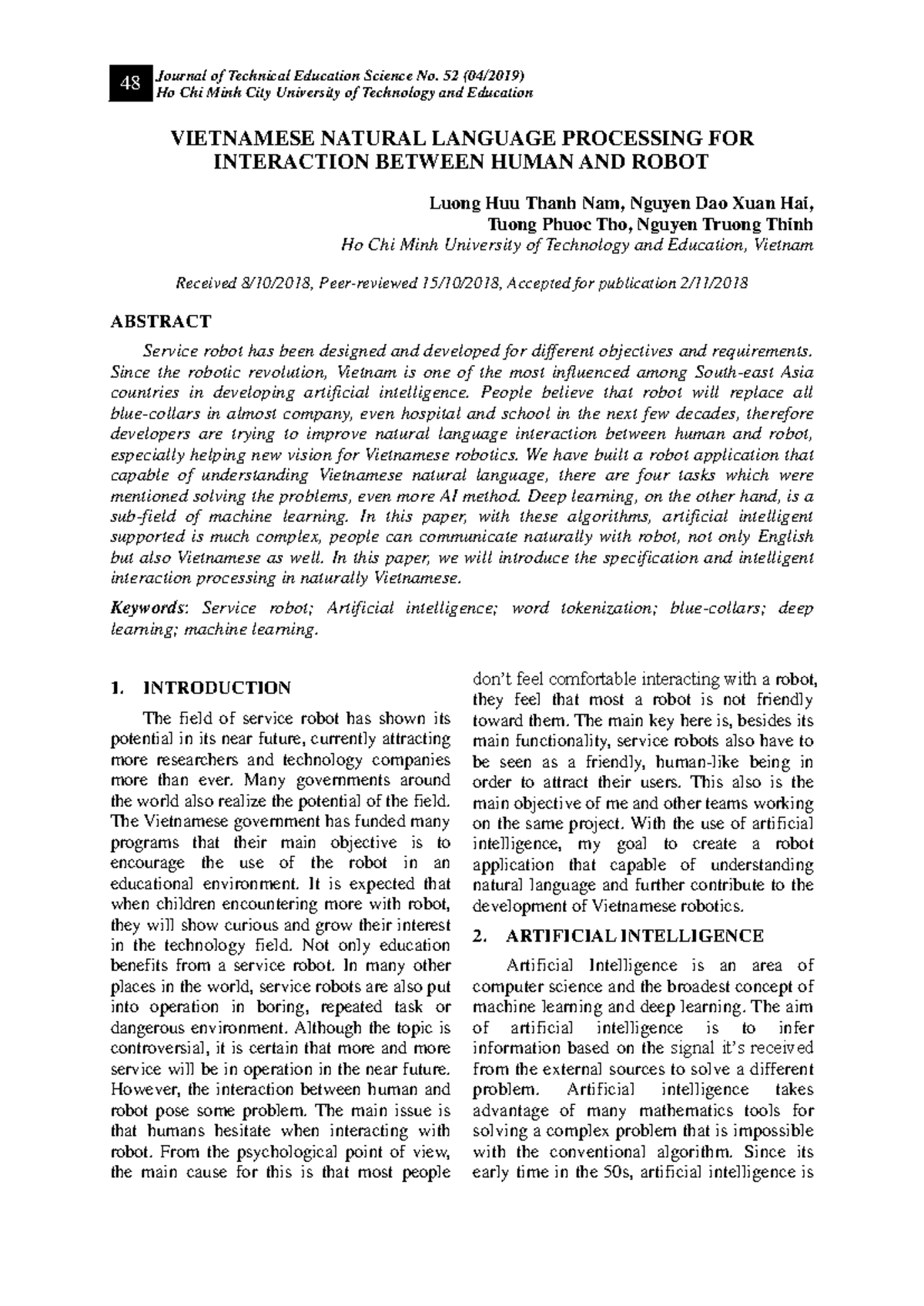 Vietnamese Natural Language Processing for Human-Robot Interaction (TKT ...
