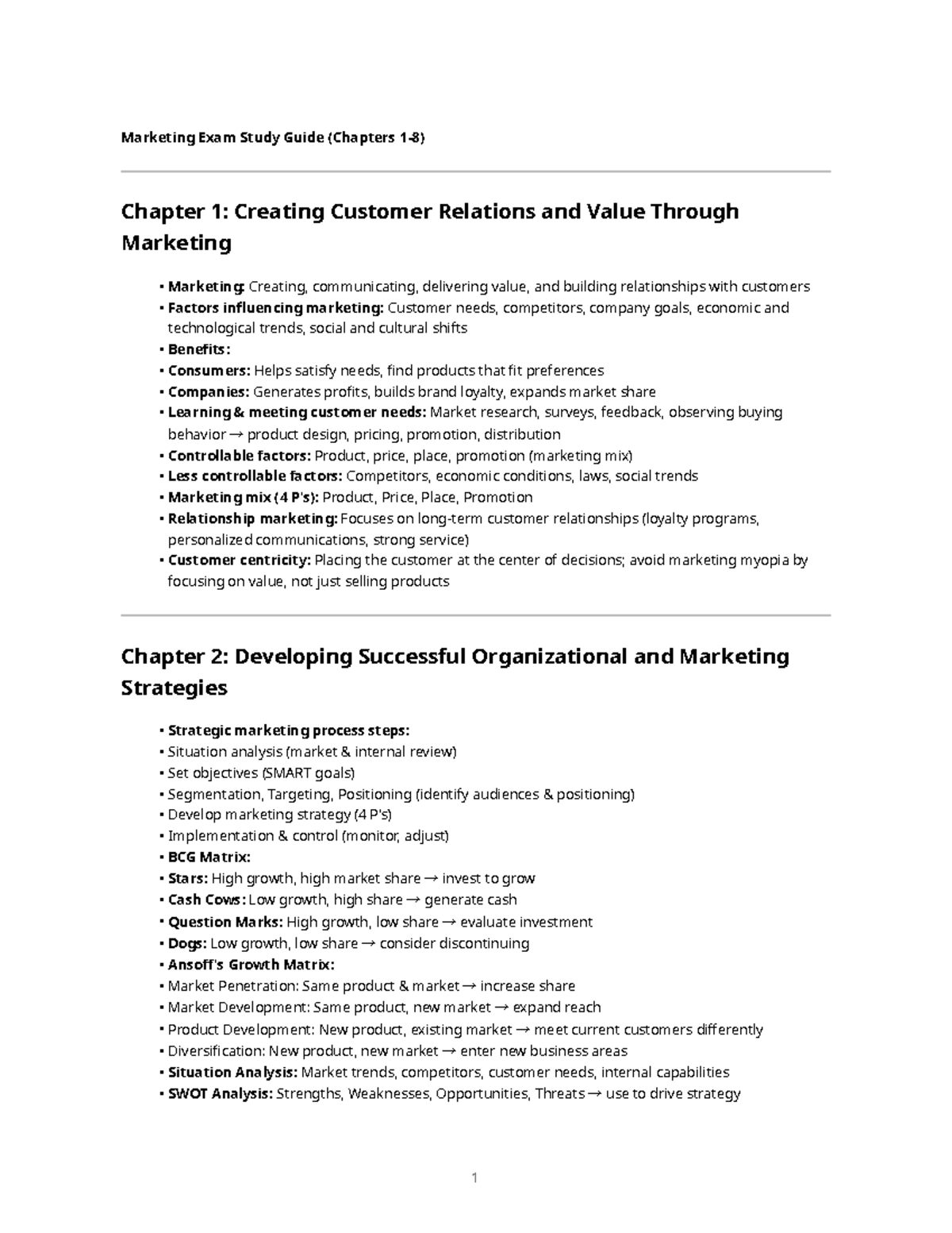 Marketing Exam Study Guide (Chapters 1-8) - Studocu