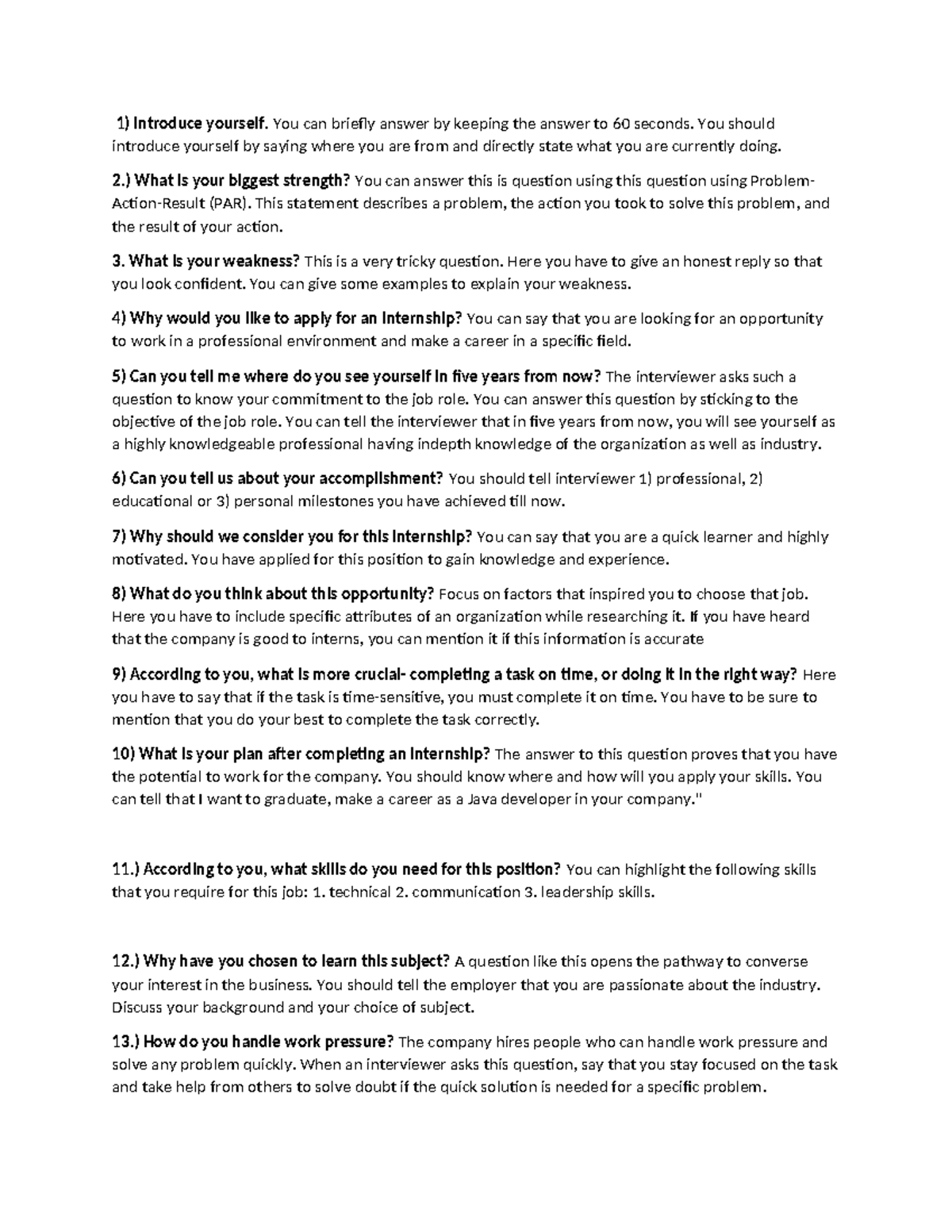 669815560 Internship Interview Questions and Preparation Guide - Studocu