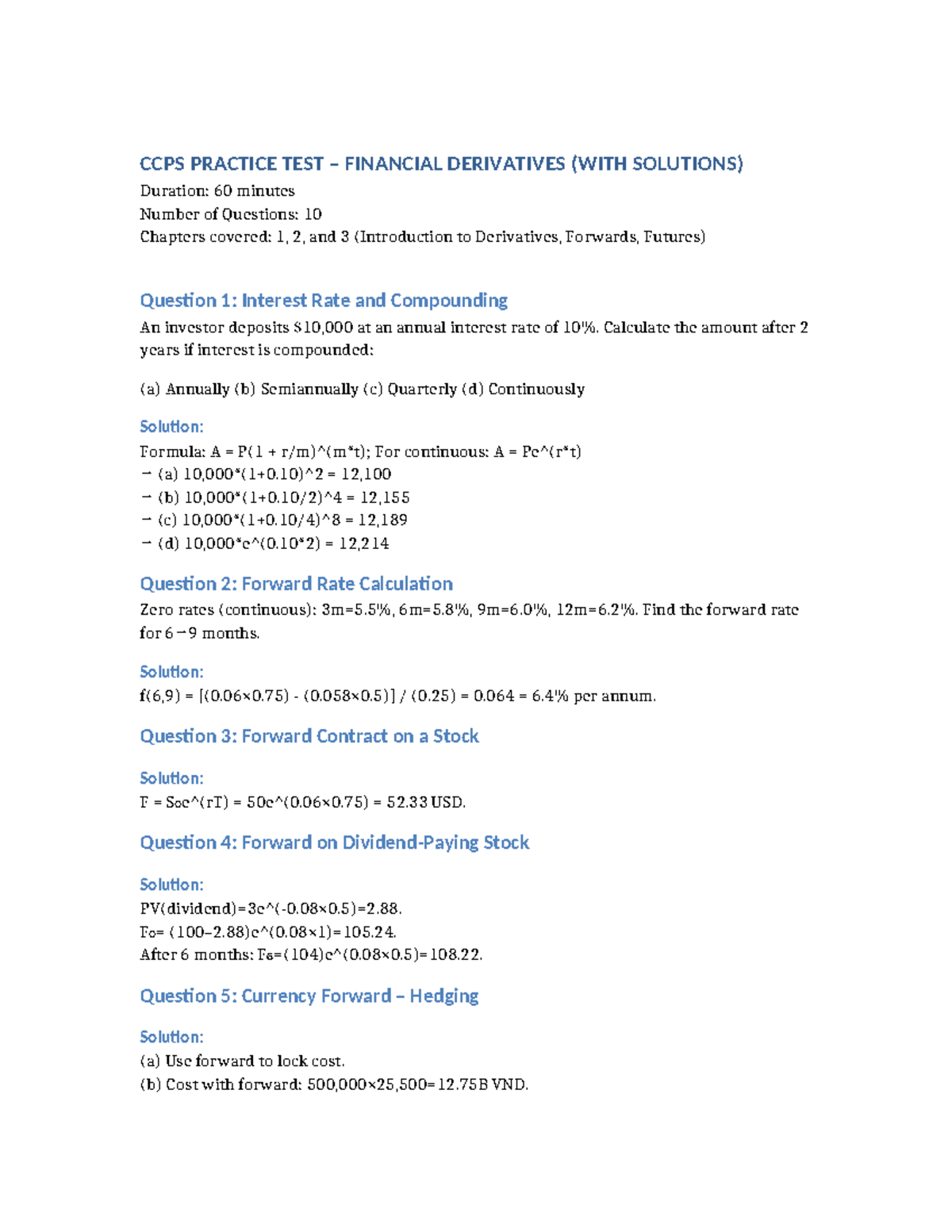 CCPS Practice Test: Financial Derivatives Solutions (Ch. 1-3) - Studocu