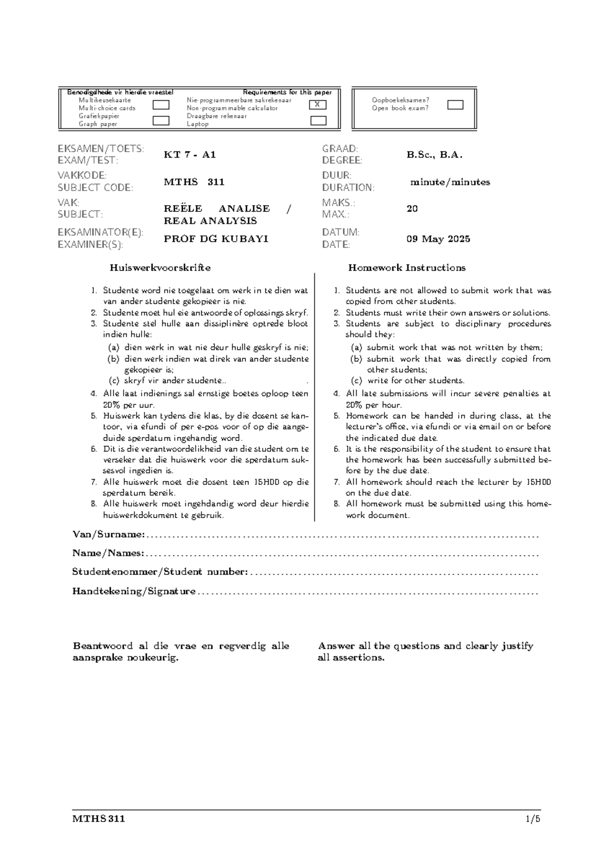 MTHS 311 2025 KT 7 A1 - Practice Questions for Real Analysis Exam - Studocu