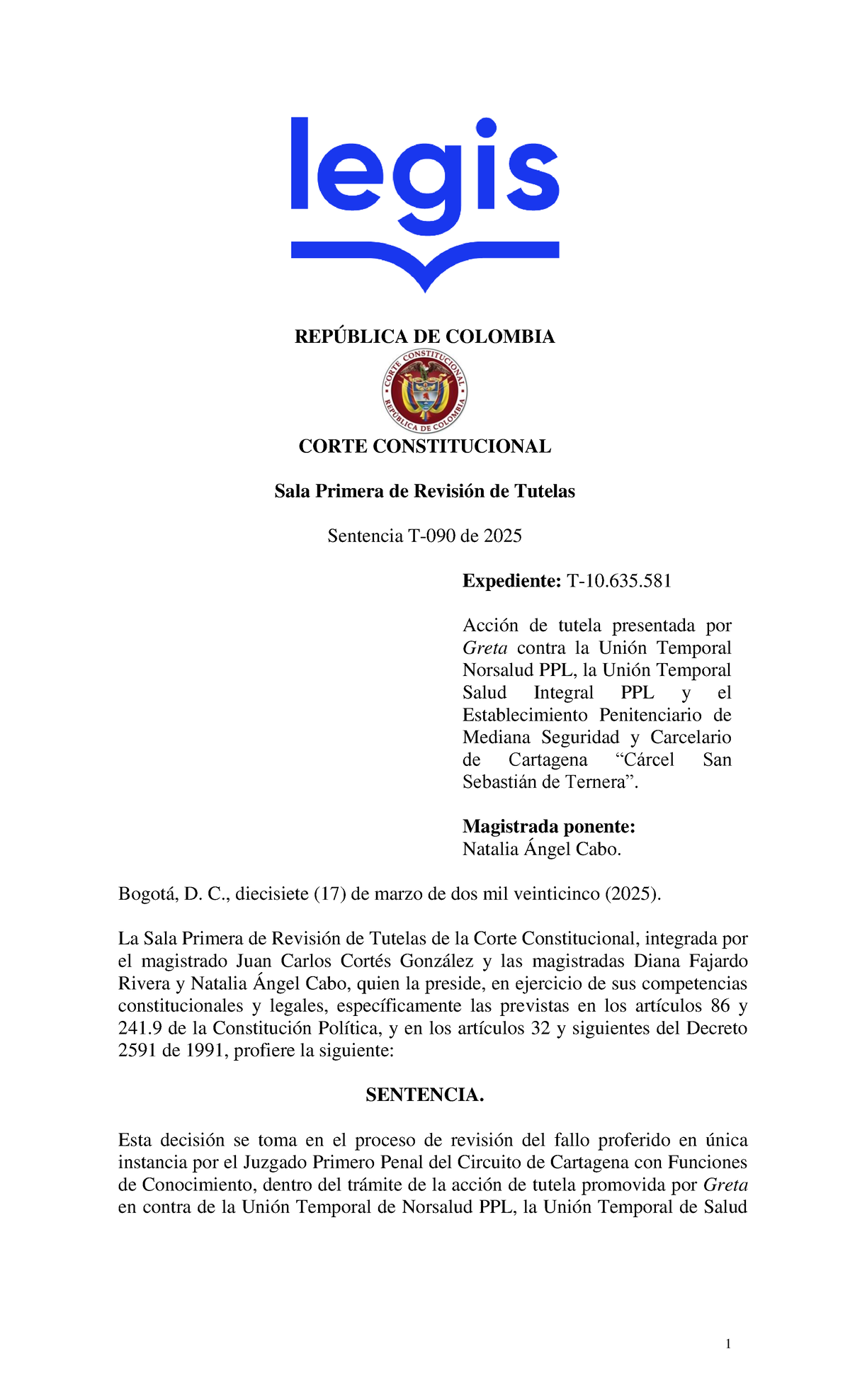 Sentencia T-090 de 2025: Acción de Tutela de Greta contra UT Salud ...