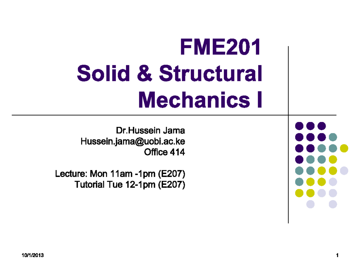 FME201 Solid Structural Mechanics I Lecture Notes: Chapter 1 Overview ...
