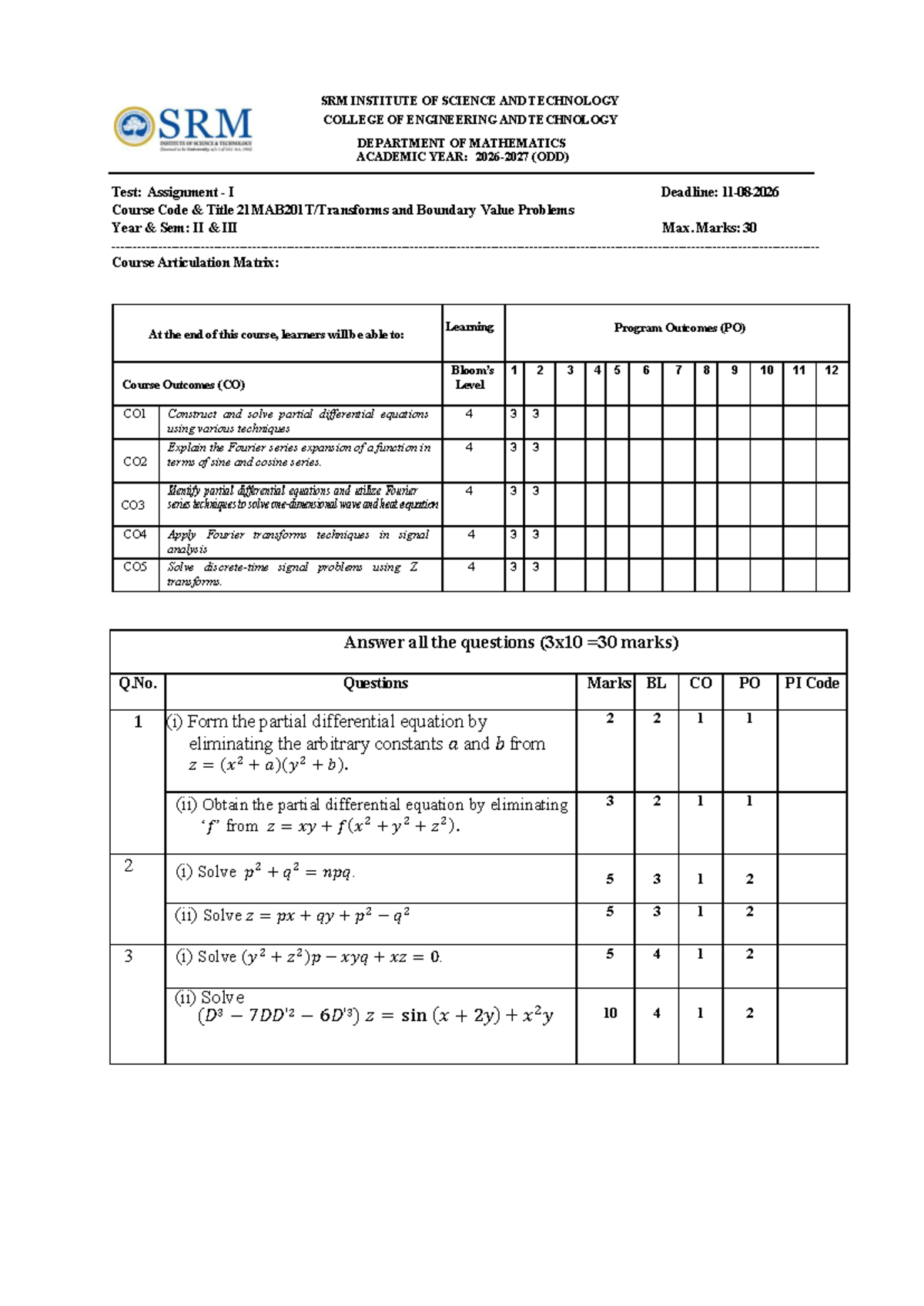 Assignment I: Boundary Value Problems - 21MAB201T (2026-27) - Studocu