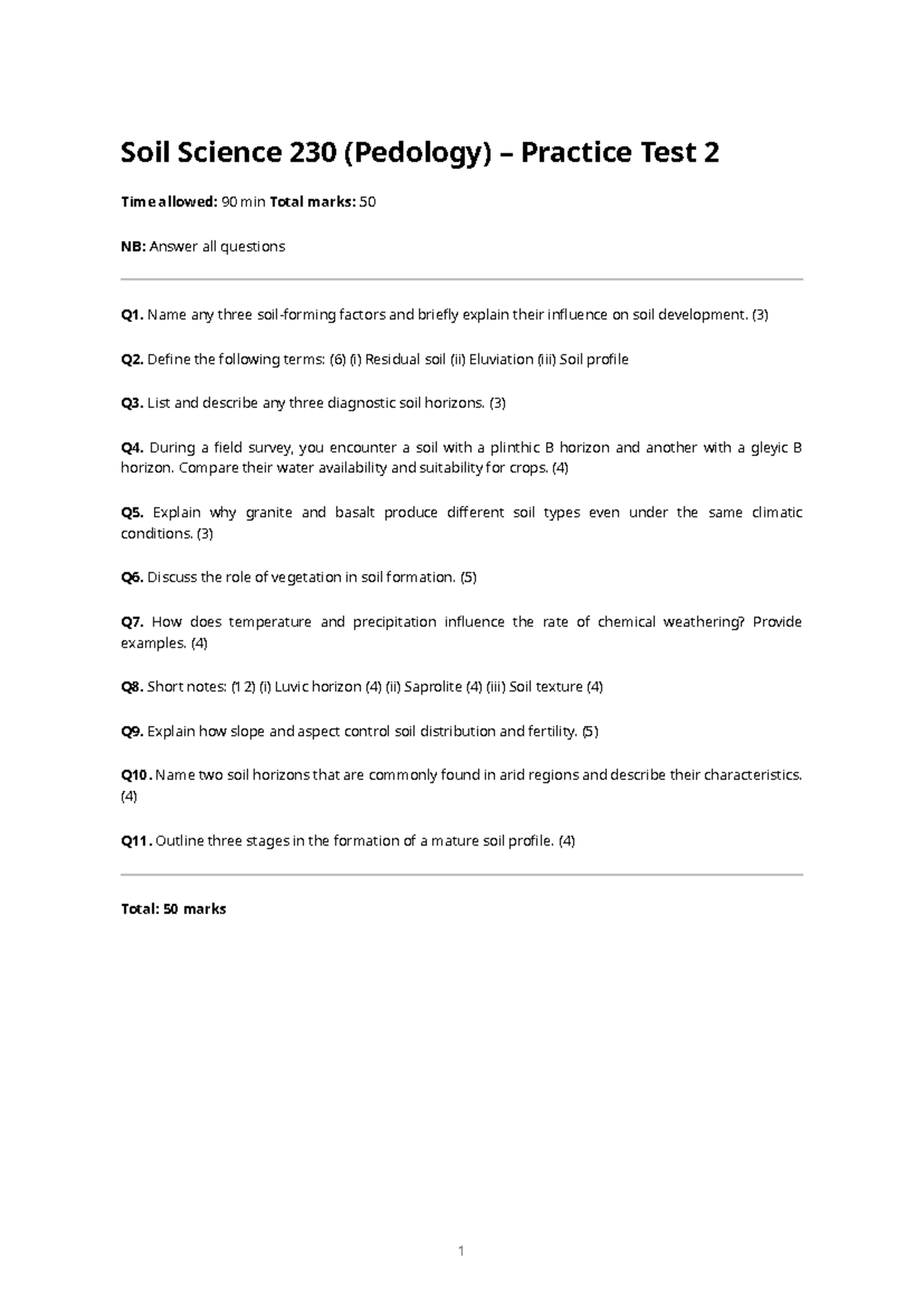 Soil Science 230 (Pedology) Practice Test 2: Key Concepts & Questions ...