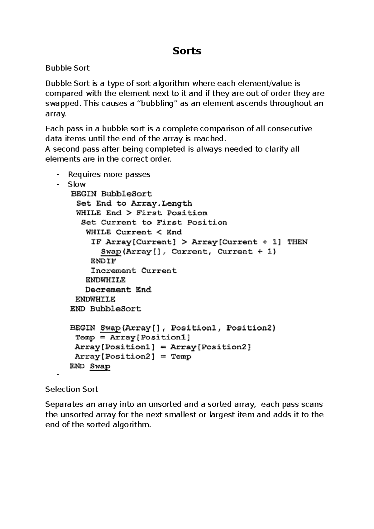 Sorting Algorithms - Sorts Bubble Sort Bubble Sort is a type of sort ...