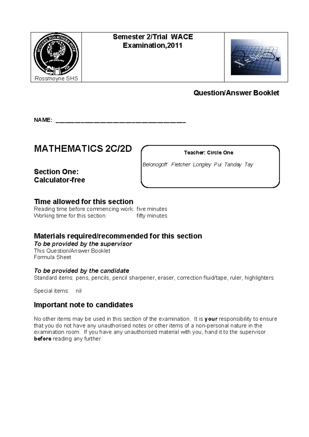WAEP 2011 Mathematics 2CD(1) - Section 1 Final Exam Guide - Studocu