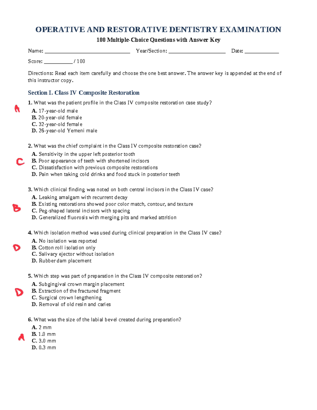 Operative & Restorative Dentistry Exam (100 Qs) - Study Guide - Studocu