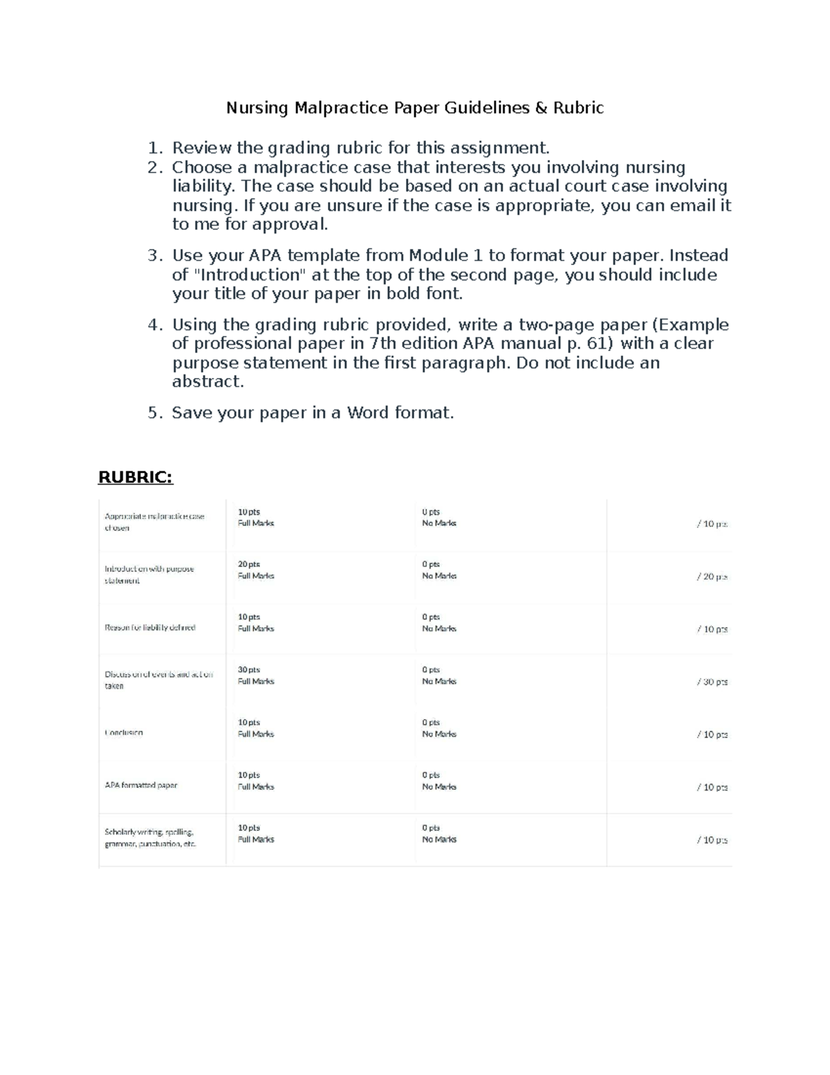Nursing Malpractice Paper Guidelines (NUR 101) - Studocu