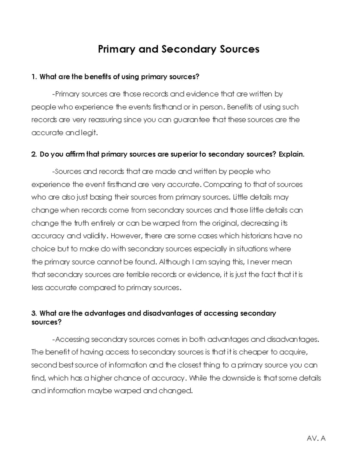 Primary and Secondary Sources - AV. A Primary and Secondary Sources 1 ...