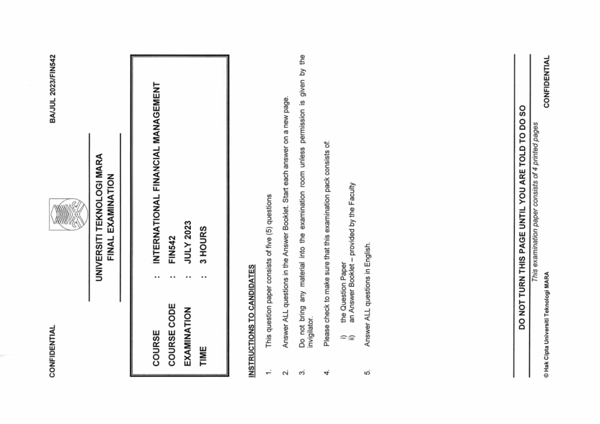 FIN542 International Financial Management Final Exam - July 2023 - Studocu