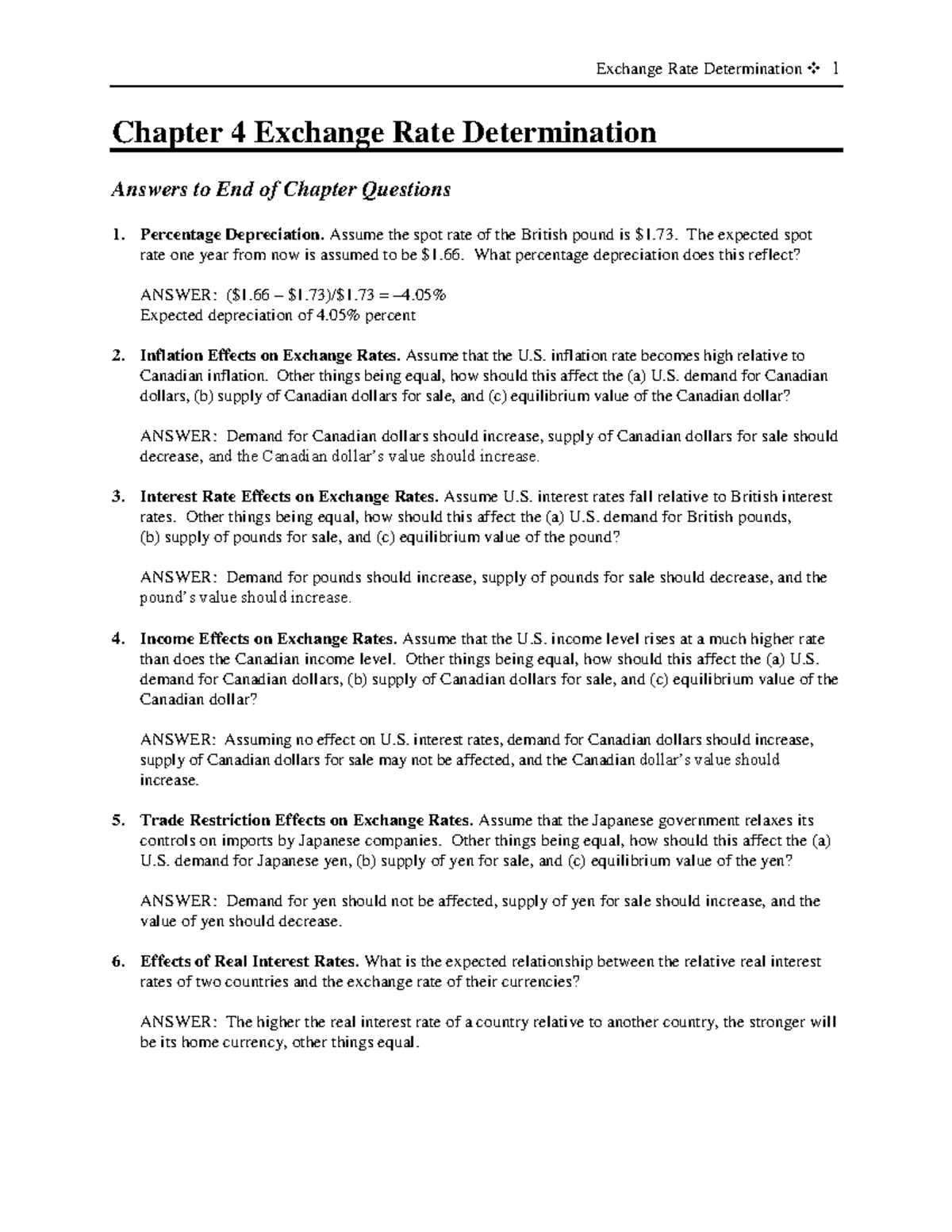 Ch04 sol - exercise - Chapter 4 Exchange Rate Determination Answers to ...