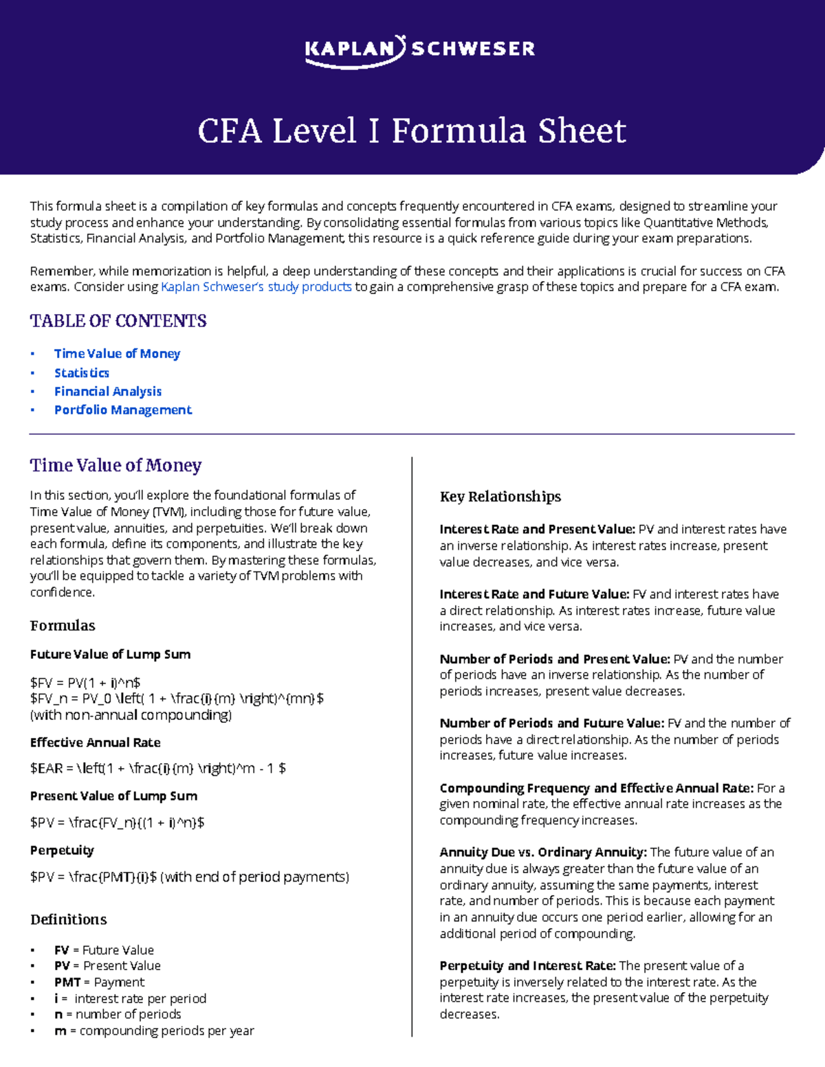 CFA Level I Exam Formula Sheet: Key Concepts & Formulas - Studocu