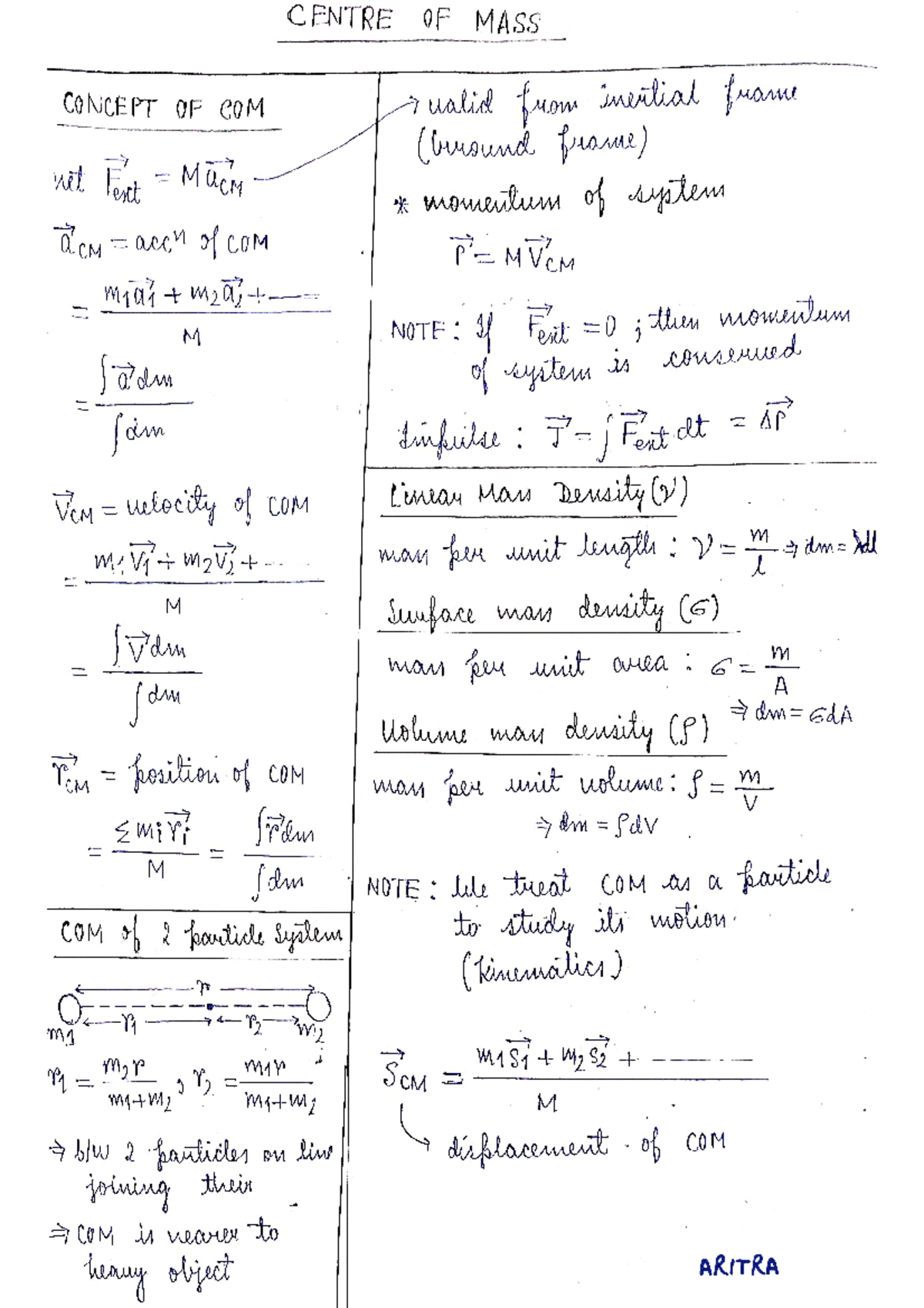 Centre of Mass (COM) Short Notes for Physics 101 - Studocu