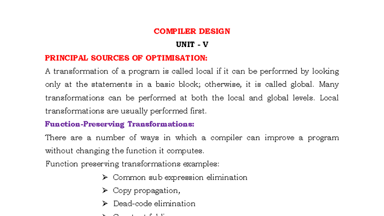 CD - Unit 5 - Compiler Design: Principal Sources of Optimisation - Studocu