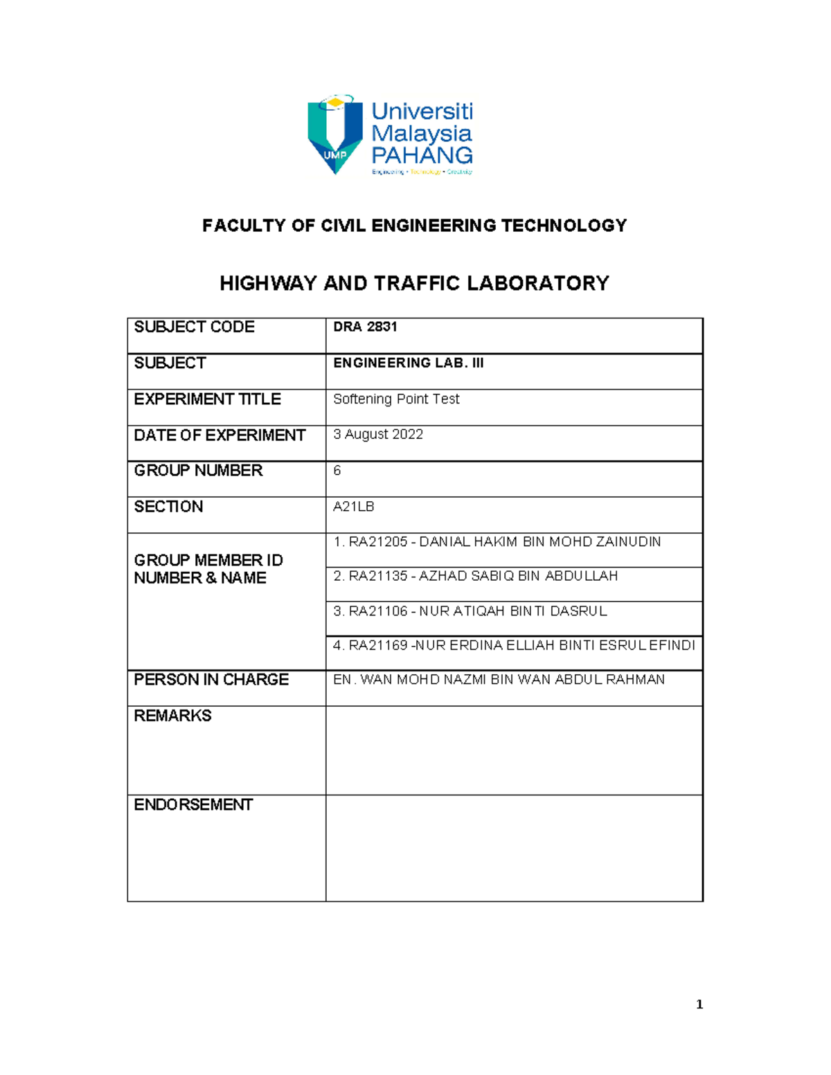 Softening Point Test Report for DRA 2831 - Engineering Lab III - Studocu