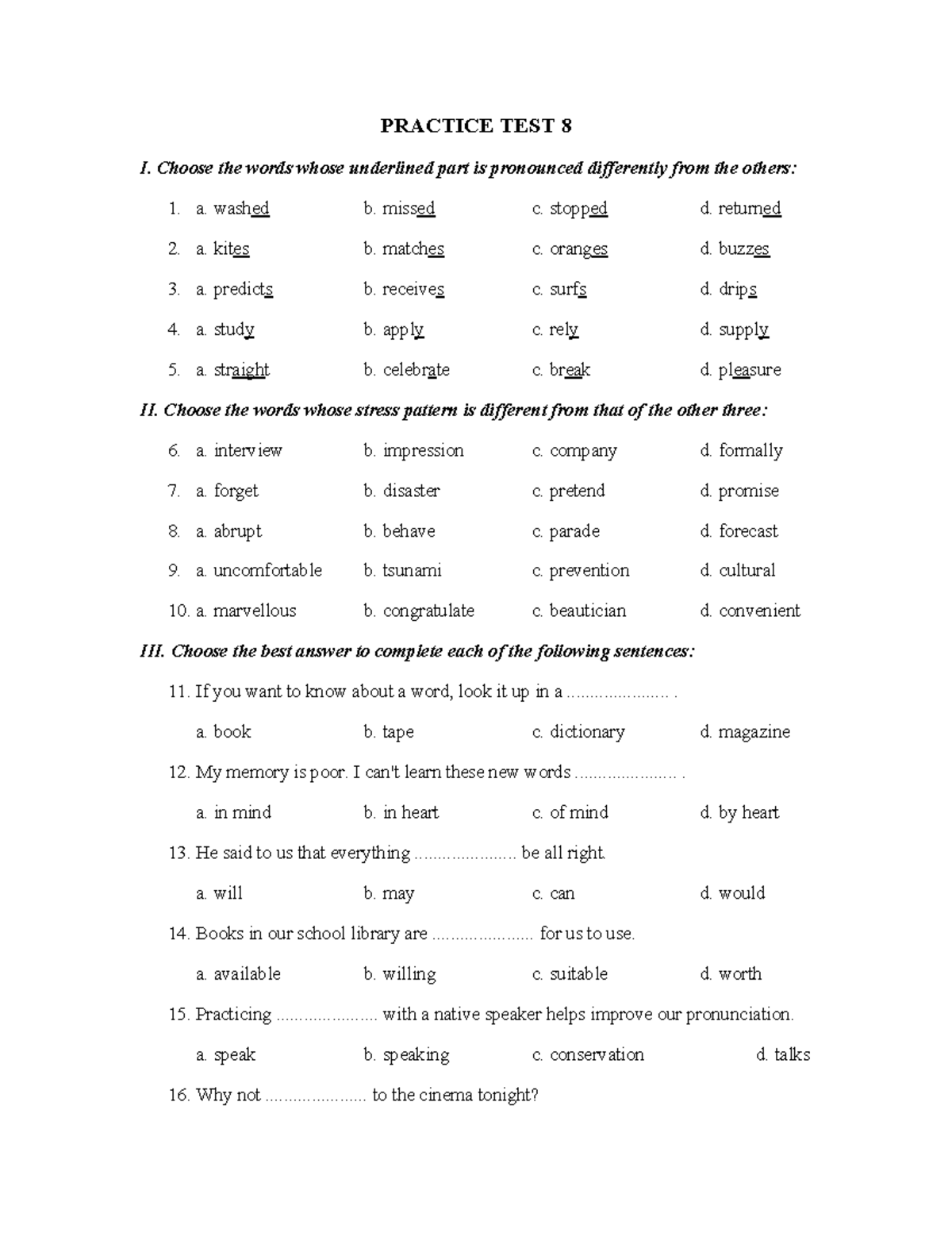 Practice Test 8 - Pronunciation and Stress Patterns - Studocu
