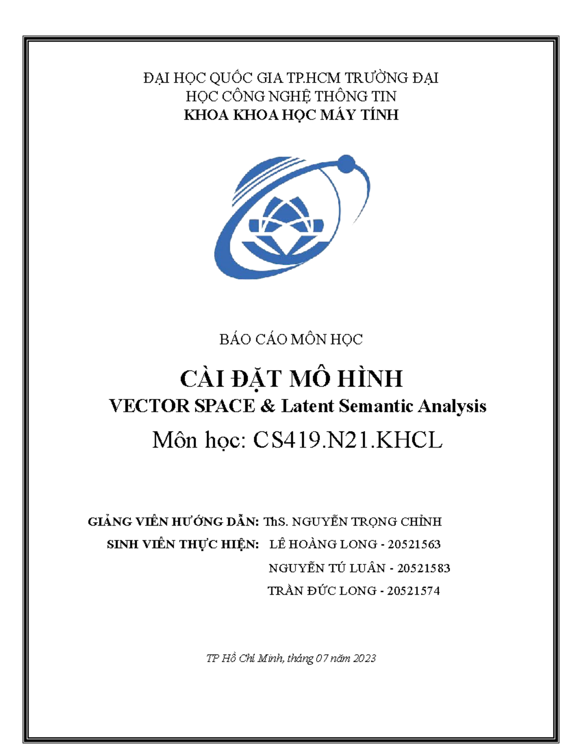 Báo cáo môn học CS419: Cài đặt mô hình Vector Space & LSA - Studocu