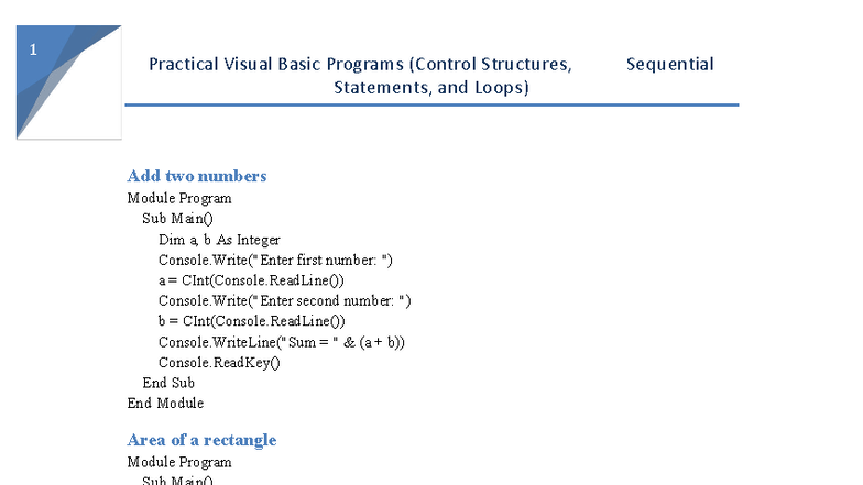 VB Programming: Control Structures, Statements & Loops Examples - Studocu