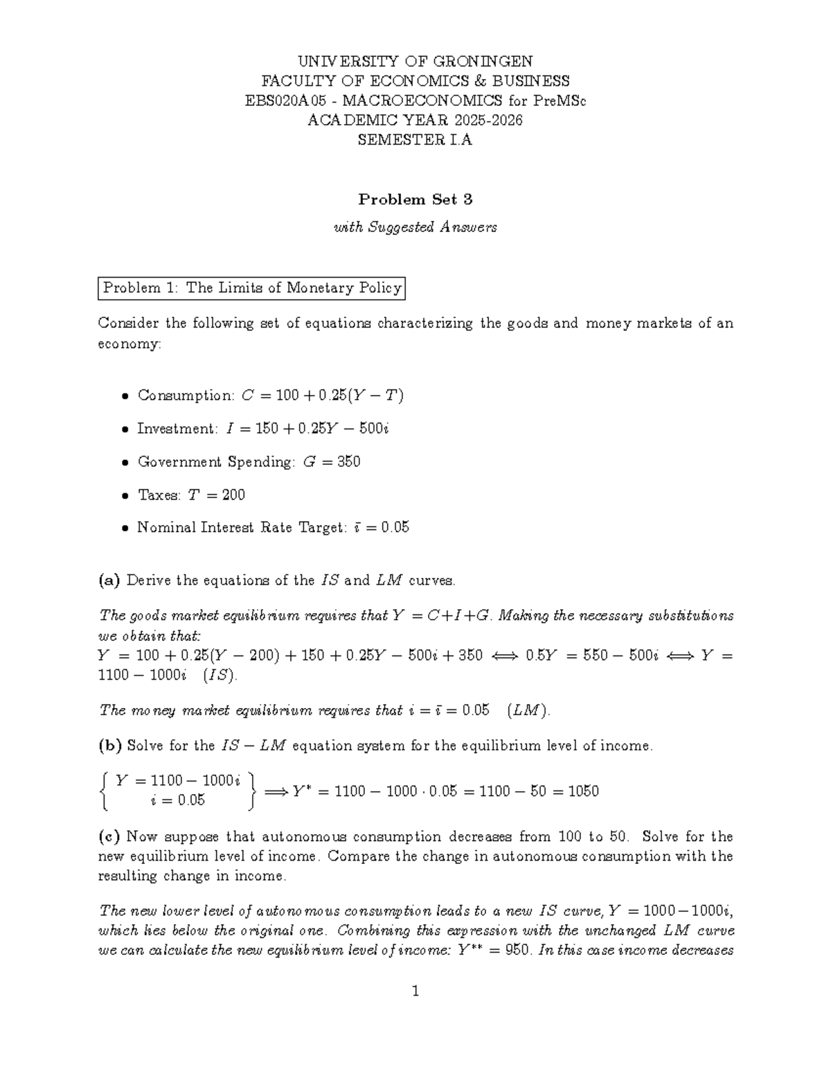 Macro PreMSc EBS020A05 Problem Set 3 Answer Key - Studeersnel