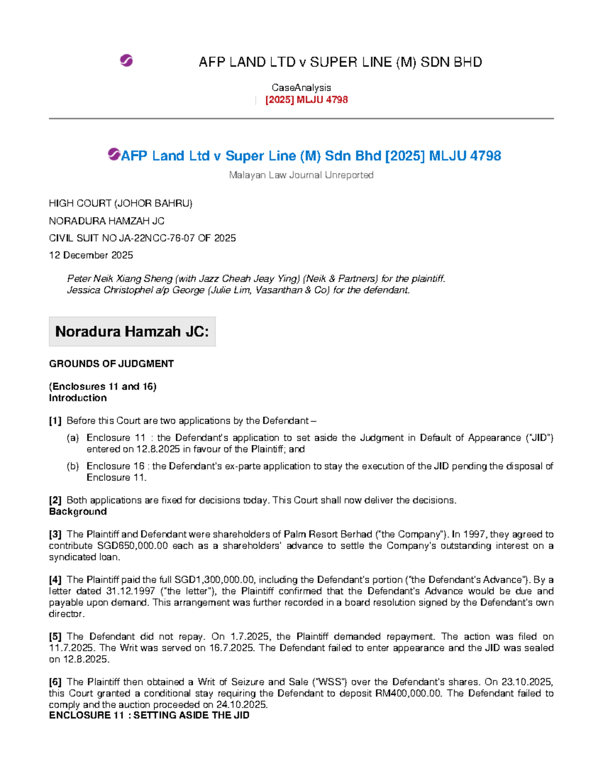 Case Analysis: AFP Land Ltd v Super Line (M) Sdn Bhd [2025] MLJU 4798 ...