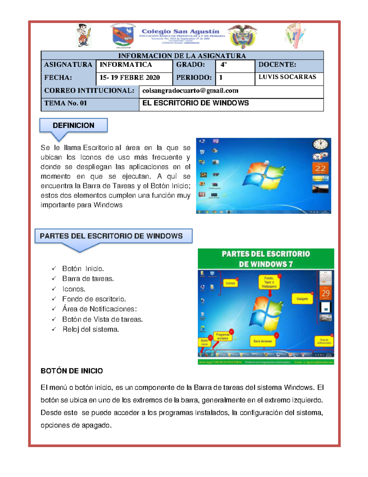 GUÍA No. 01: El Escritorio de Windows - Informática 4° Grado - Document Preview