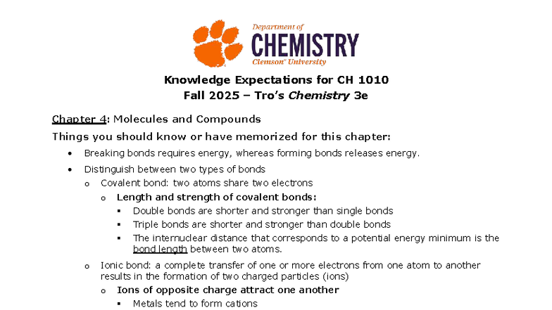 Course Objectives and Key Concepts for CH 1010: Chemistry Chapter 4 ...