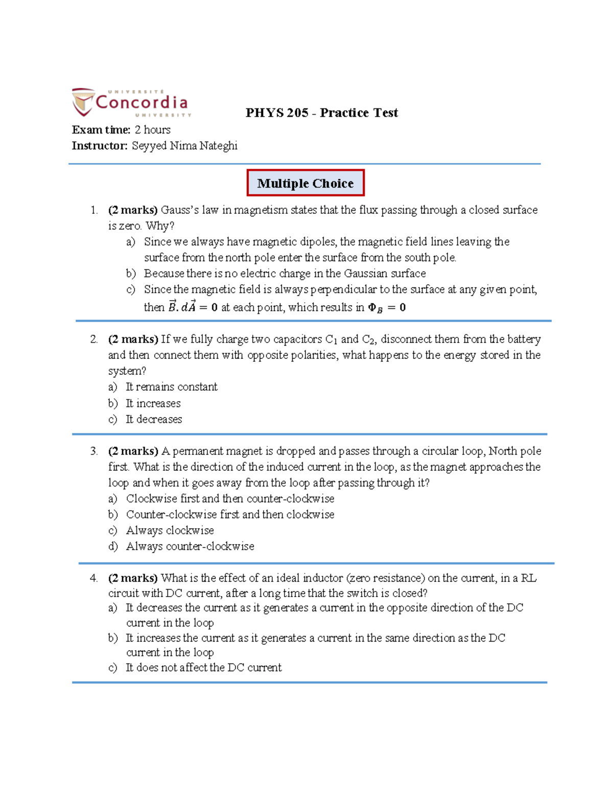 PHYS 205 Sample Final Exam Practice Test Solutions 2020 - Studocu