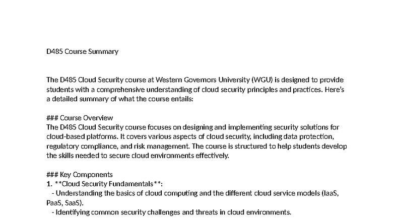 D485 Cloud Security Course Summary: Key Concepts & Practices - Studocu