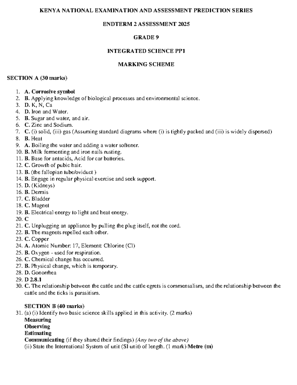 Grade 9 Integrated Science PP1 Marking Scheme - Endterm 2 Assessment ...