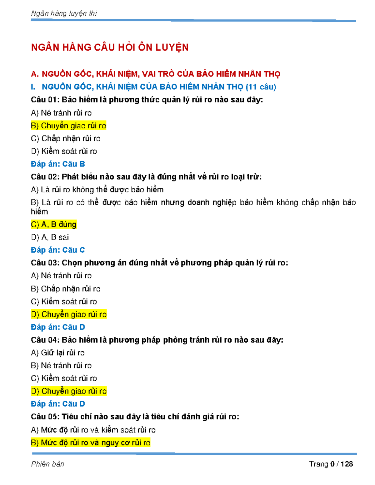 Ngân hàng câu hỏi ôn luyện bảo hiểm nhân thọ - 515 câu hỏi - Document Preview