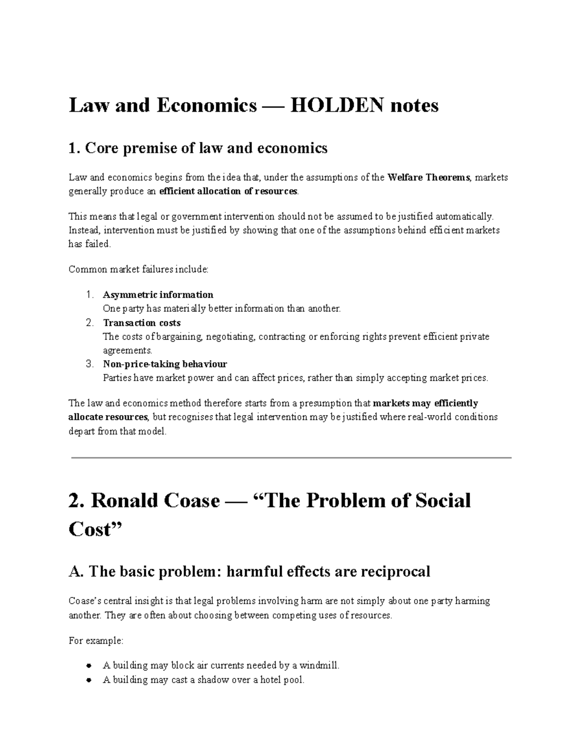 Law and Economics (HOLDEN) Lecture Notes on Coase and Externalities ...