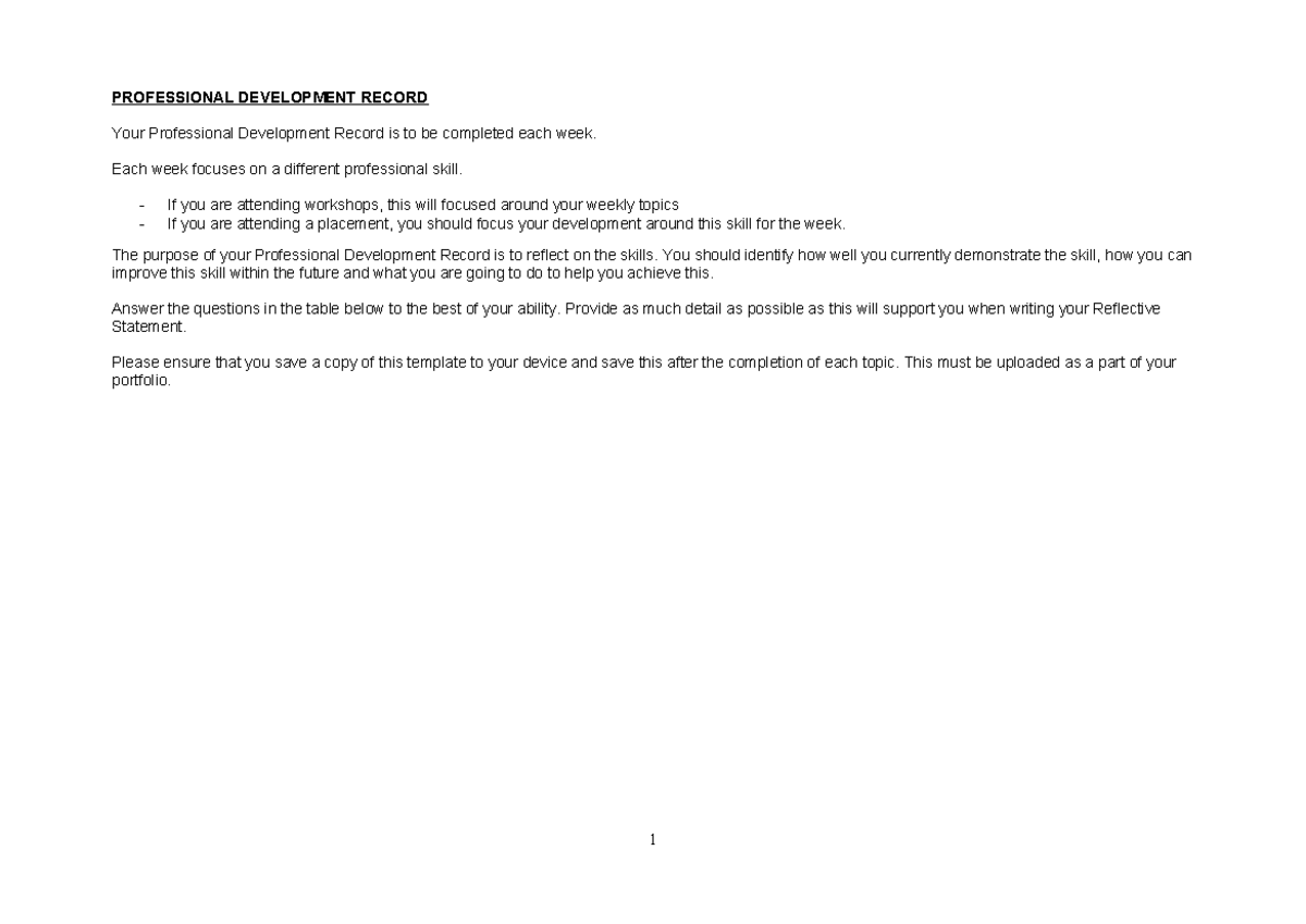 Professional Development Record Template for Skills Reflection - Studocu